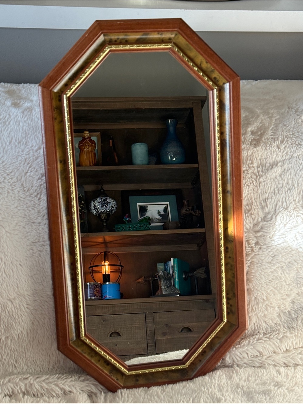 VTG Home Interiors Beveled Wall Mirror Octagon Wood Frame USA 80s Gallery MCM